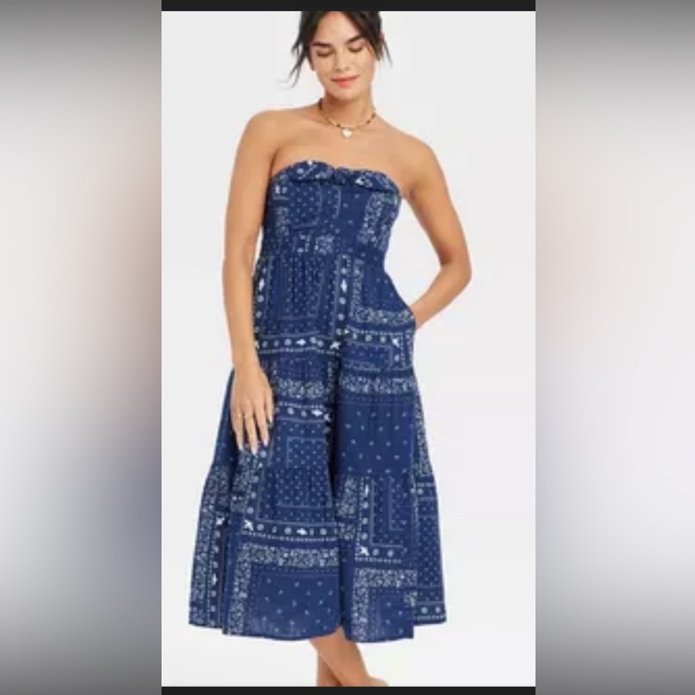 Navy Blue Strapless Dress with Paisley Print